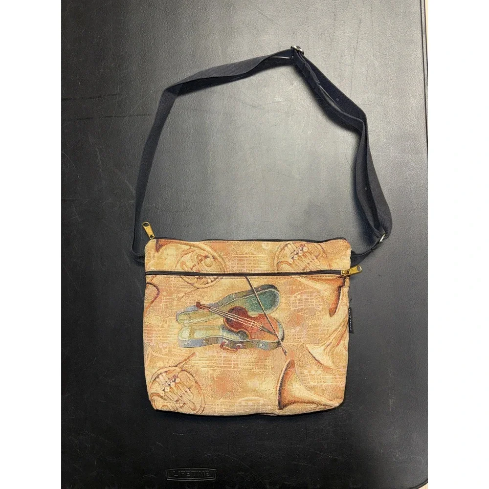 Dixie Bags Woven Tapestry Crossbody Bag Musical Instruments Violin Trumpet Tan